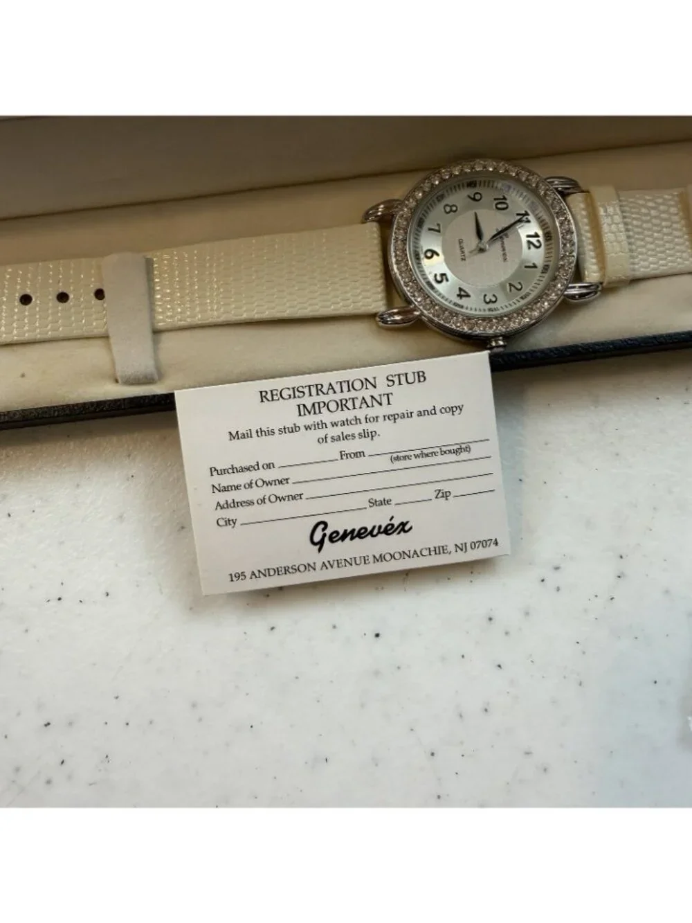 GENEVEX Cubic Zirconia Case MOP Dial ~ White Leather Women’s Watch NWT